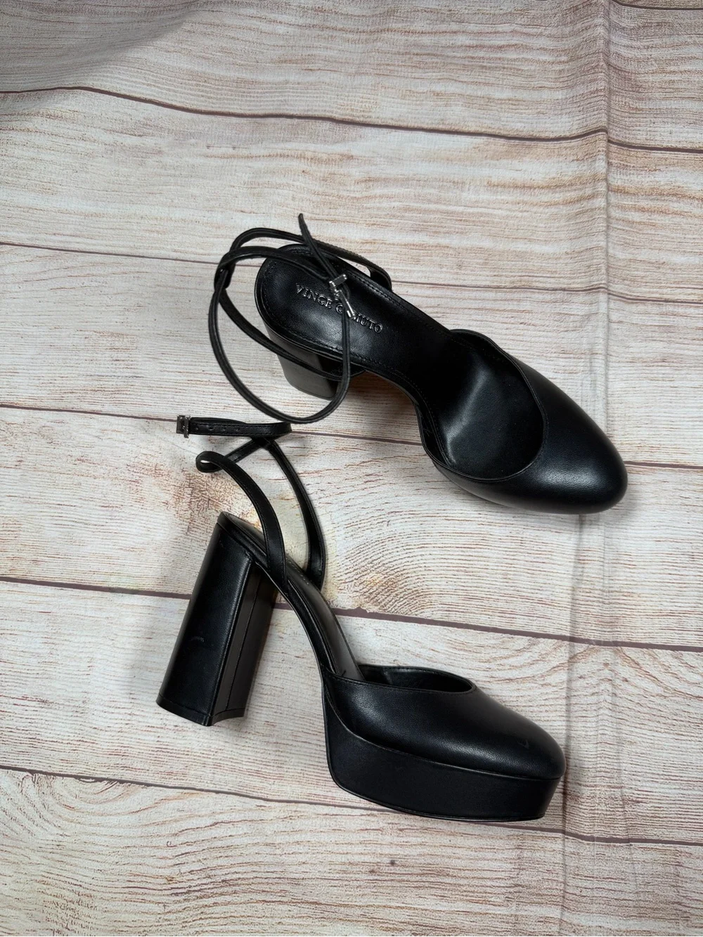 Vince Camuto Patrissya Black Leather Platform Ankle-Strap Chunky Pumps -‎ Women